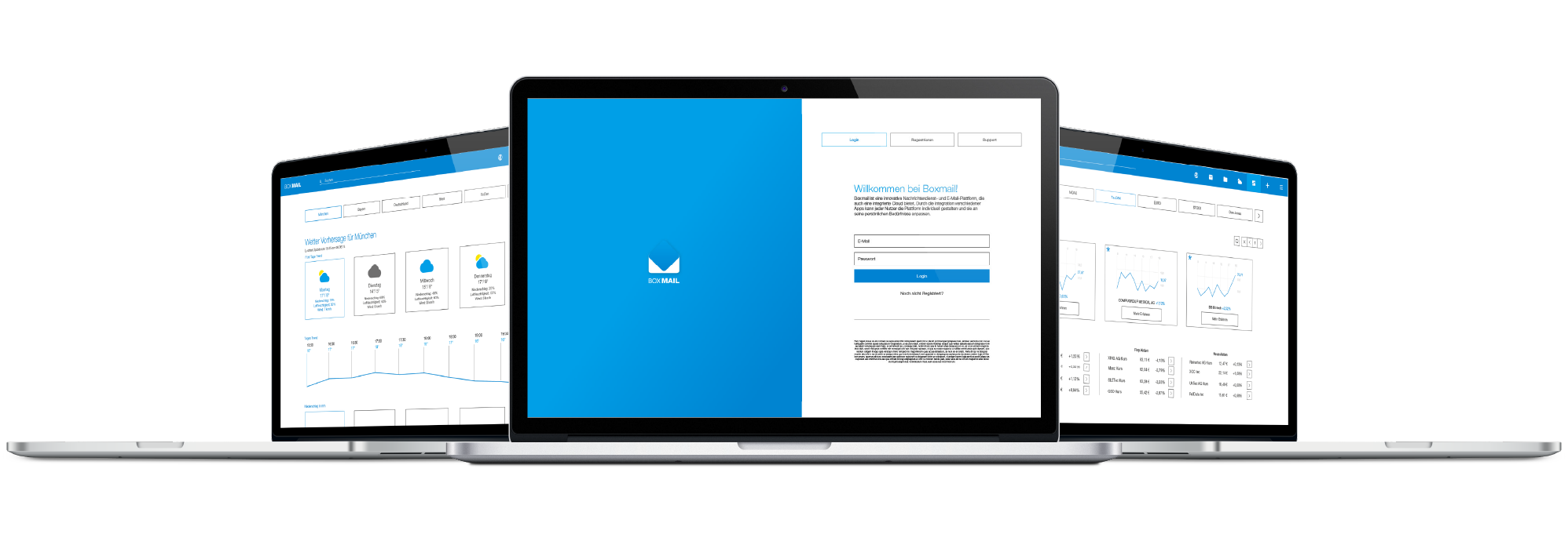Drei Laptops auf denen unterschiedliche Seiten von Boxmail zu sehen ist. Weiter information zum Boxmail Projekt beziehungsweiße zum Webdesign und Logodesign findest du bei cbba.
