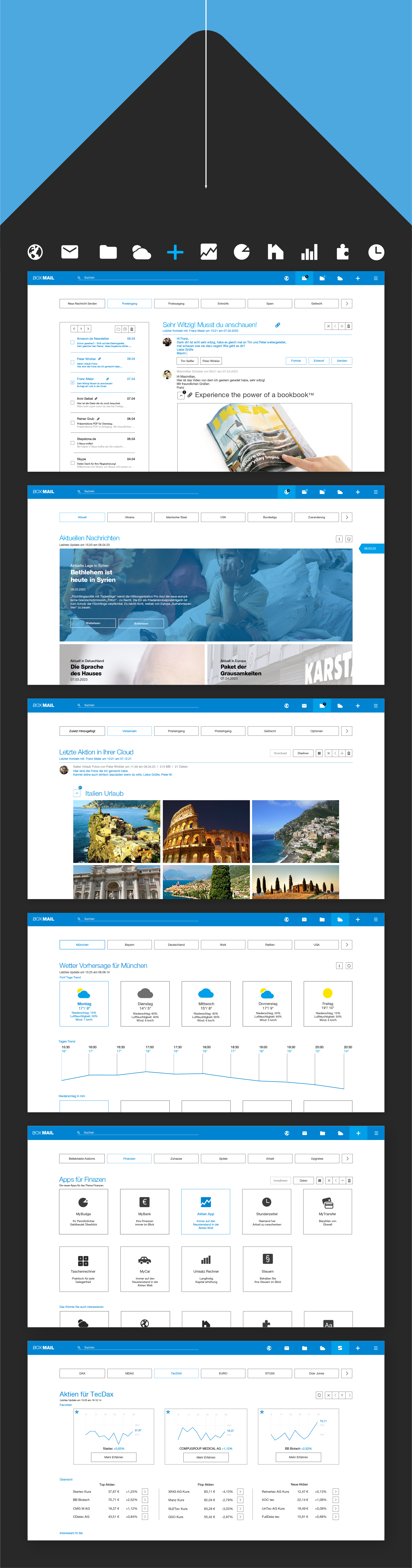 Präsentation mit Screendesigns auf grauen Hintergrund.