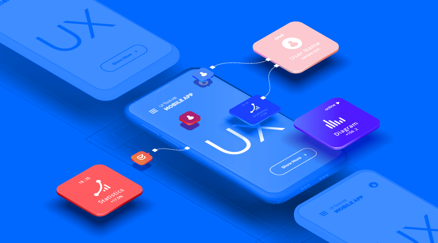 Man sieht drei Handys mit Sprechblasen Daten um das mittlere Display auf blau. Weiter Informationen zum Thema UX, UI und User Journey findest du im News Blog von cbba.