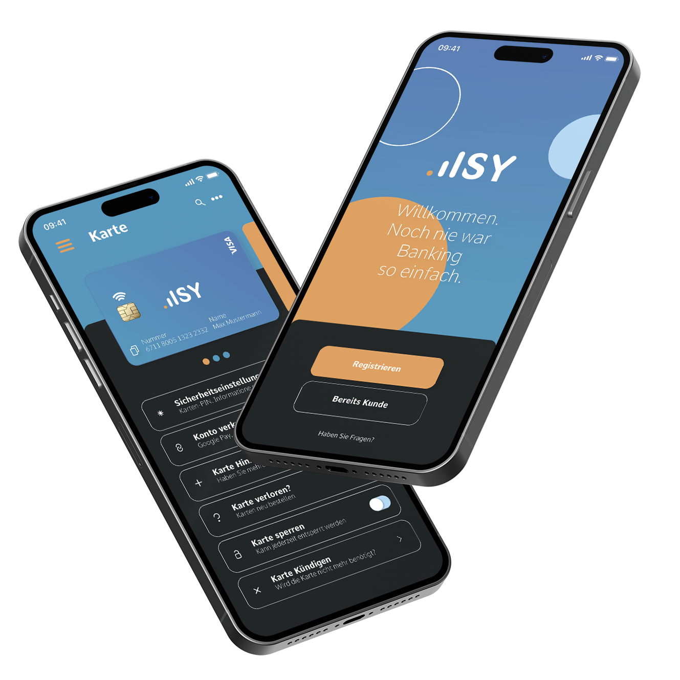 Zwei schräg schwebende Mobiltelefone auf dem Bildschirm sieht man das Projekt "ISY Bank" App und das Design.